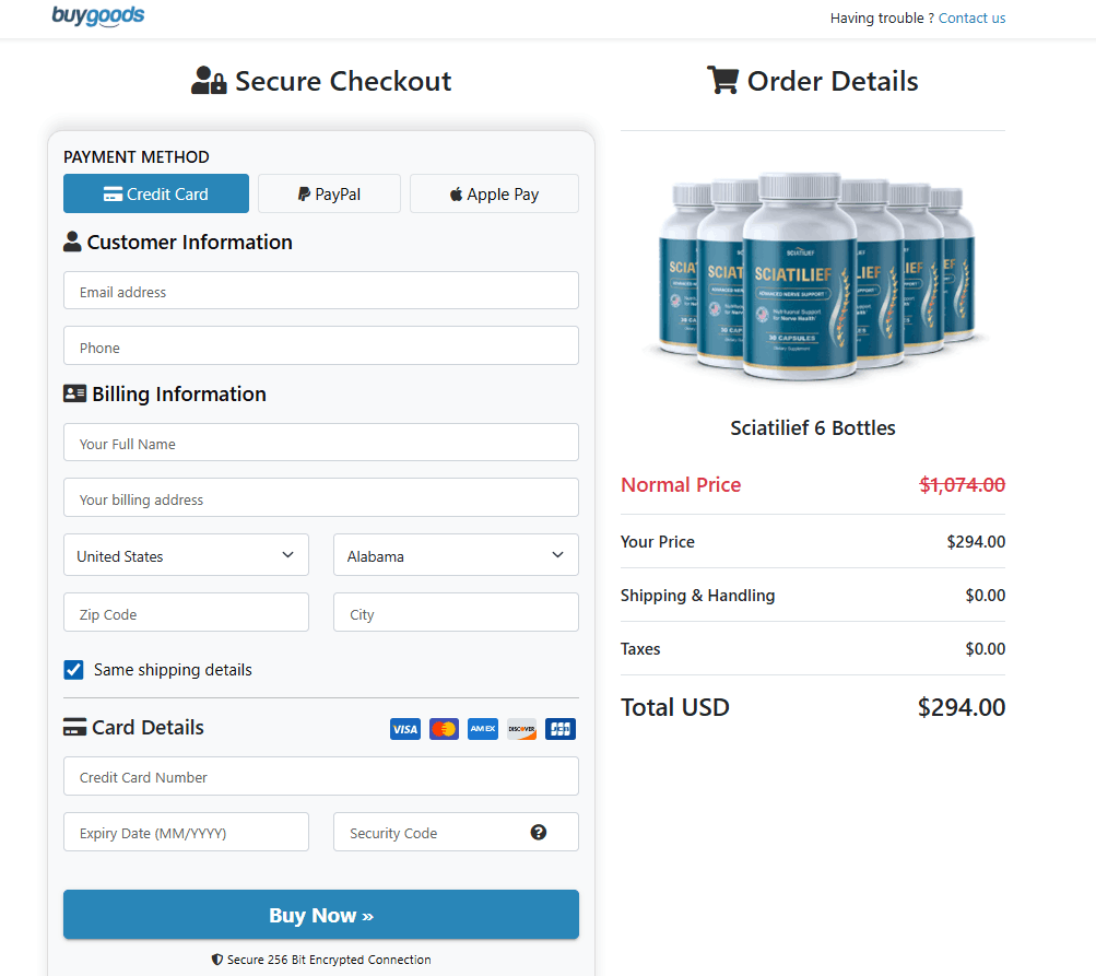 Sciatilief™ checkout page